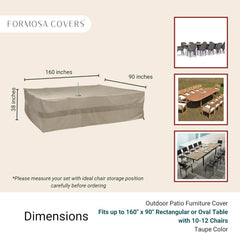 The Formosa Covers Patio Set Cover, designed for a large rectangular or oval table seating 10-12 chairs, is crafted from UV-treated polyester in taupe and measures 160 inches in length by 90 inches in width. It includes mildew-resistant vents and features images of covered and uncovered patio sets. Ensure your set fits these dimensions before purchasing.