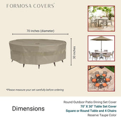 The Formosa Covers Patio Set Cover For Square or Round Table in Classic Taupe is crafted from weatherproof polyester fabric, measuring 70 inches in diameter and 30 inches in height. It includes mold prevention properties, demonstrated through three images showing patio furniture protected by the cover.