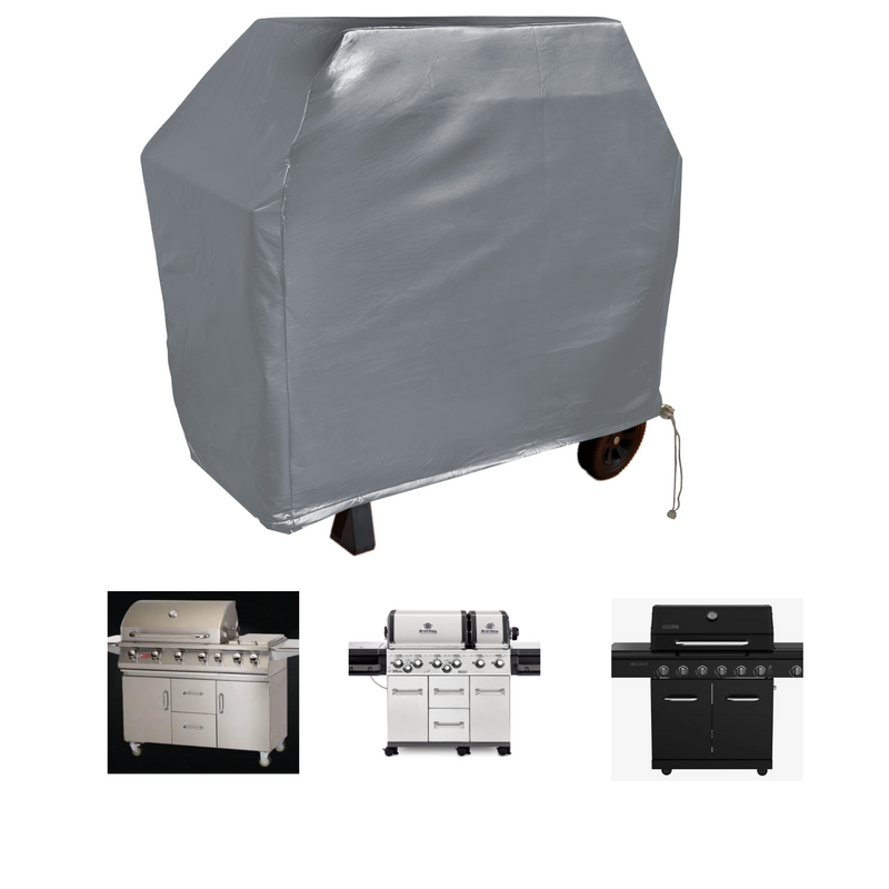 A collage of four barbecue grills: one covered with a Formosa Covers BBQ Outdoor Grill Cover 75"L x 26"D x 48"H in grey vinyl for all-weather protection, one stainless steel grill with six burners, one silver grill with six burners and a smoker, and one black grill with six burners.