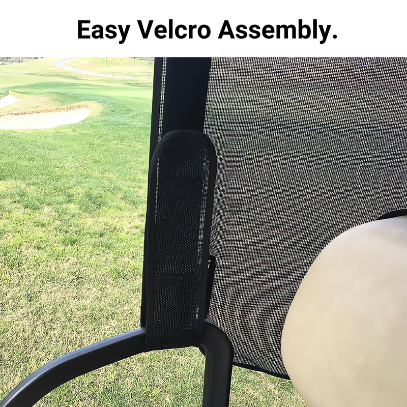 Close-up of a Velcro strap securing a mesh fabric to a frame outdoors. The text "Easy Velcro Assembly" is displayed at the top. Set on well-maintained grass with a visible golf course and golf cart shade in the background, promising easy installation and UVA/UVB protection for the Golf Cart Sun Shade UV Mesh Top Cover Exclusive For Yamaha Drive 70" Roof Black by Formosa Covers.