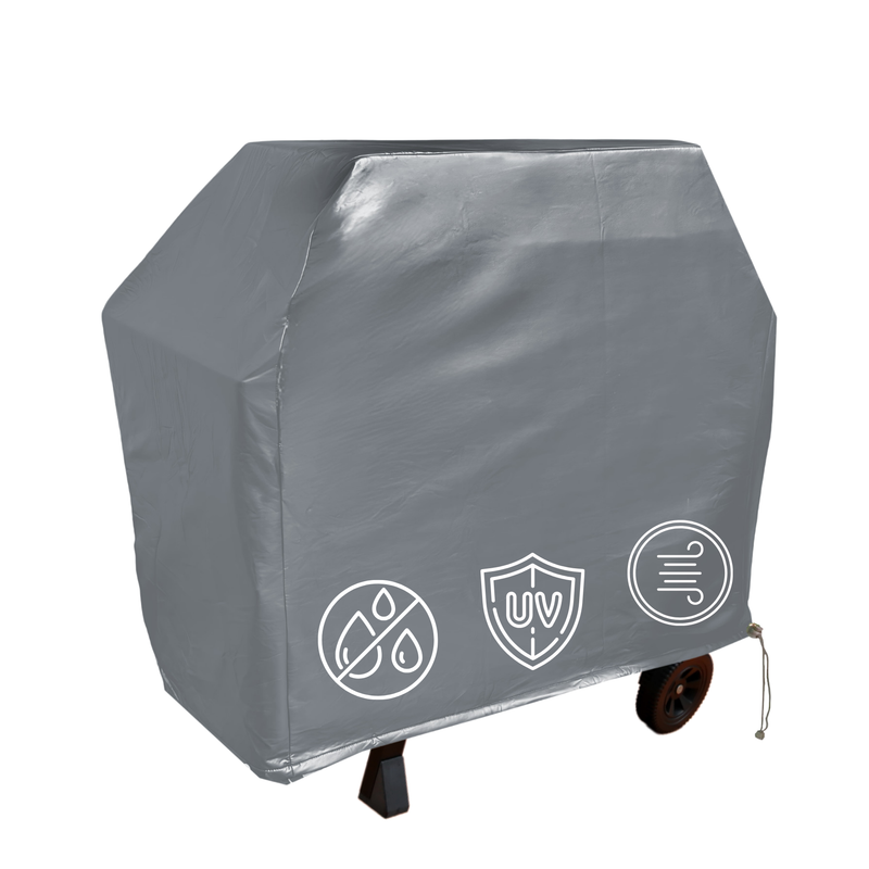 The Formosa Covers BBQ Outdoor Grill Cover 56"L x 25"D x 46"H in grey vinyl is pictured, designed to fit over a rectangular grill. The cover features three white icons on the bottom: a water droplet, a UV shield, and swirled lines, indicating all-weather protection, UV protection, and ventilation features.