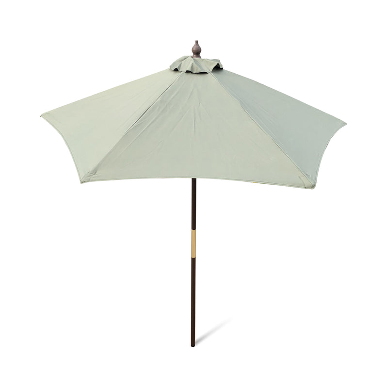 A sage green 7ft Wooden Patio Garden Market Umbrella with Tilt Mechanism by Formosa Covers, featuring a wooden pole, a small finial on top, and a UV-treated canopy, displayed against a white background.