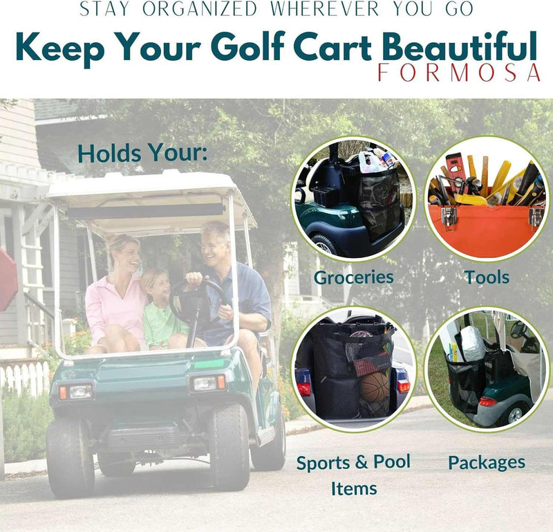 A family rides in a green golf cart on a street, highlighting the practicality of a durable utility bag. The image promotes a product with the text: "Stay Organized Wherever You Go. Keep Your Golf Cart Beautiful. Formosa Covers." Features include the ability to hold groceries, tools, sports and pool items, as well as packages—all made from Textilene mesh fabric. Introducing the Golf Cart Mesh Utility Grocery Bag Attachment (Universal Fit) by Formosa Covers.