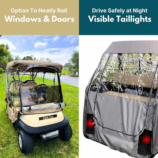 Introducing the 2+2 Passenger Golf Cart Driving Enclosure Cover (4 Passenger Short Roof 58") in Grey by Formosa Covers. This product features YKK door zippers and roll-up windows, along with transparent sections for visible taillights. The left side of the scene illustrates the cart on a grassy path, showcasing the rollable windows, while the right side emphasizes the taillights to ensure safe driving at night.