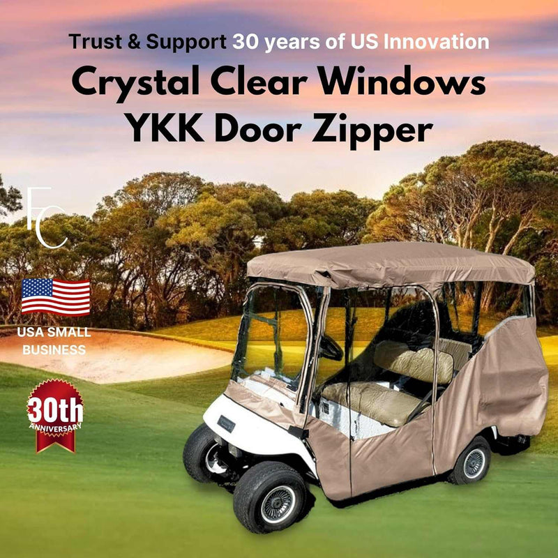 A taupe 4-passenger golf cart driving enclosure cover with clear windows and a YKK door zipper is an essential accessory for any golf cart, especially on a lush course. Celebrating "30 years of US innovation," Formosa Covers, a proud USA small business, marks its 30th anniversary.