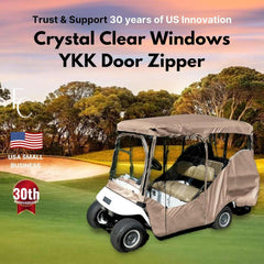 A taupe 4-passenger golf cart driving enclosure cover with clear windows and a YKK door zipper is an essential accessory for any golf cart, especially on a lush course. Celebrating 