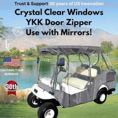 The 2+2 Passenger Golf Cart Driving Enclosure Cover by Formosa Covers, designed for a 4-passenger short roof (58