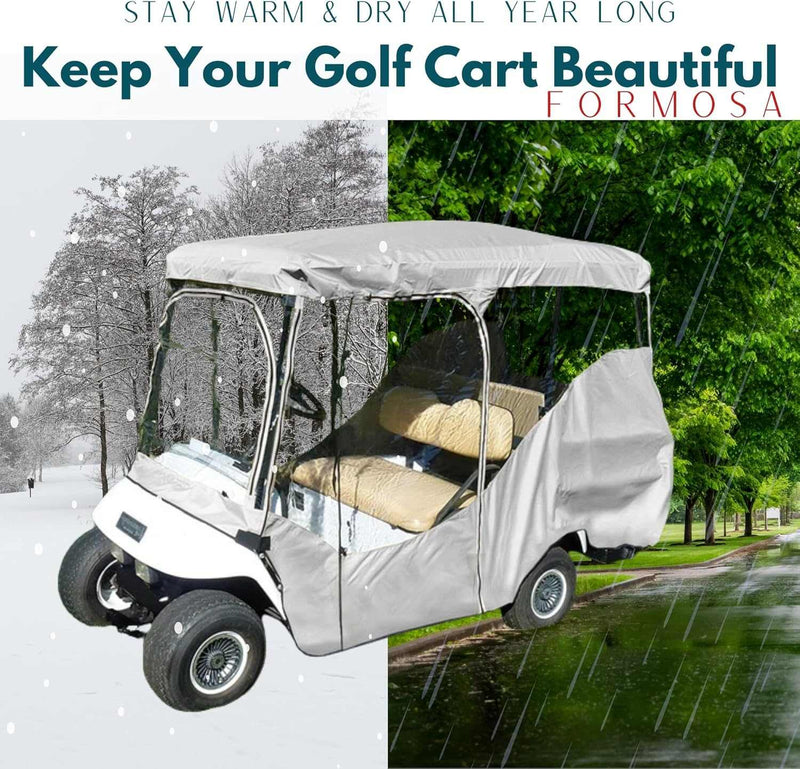 A golf cart equipped with the Formosa Covers 4 Passenger Golf Cart Driving Enclosure Cover, featuring a long roof for 4 passengers, is shown against a split backdrop of snowy winter and lush summer landscapes. The text reads, "Stay Warm & Dry All Year Long. Keep Your Golf Cart Beautiful. Formosa.