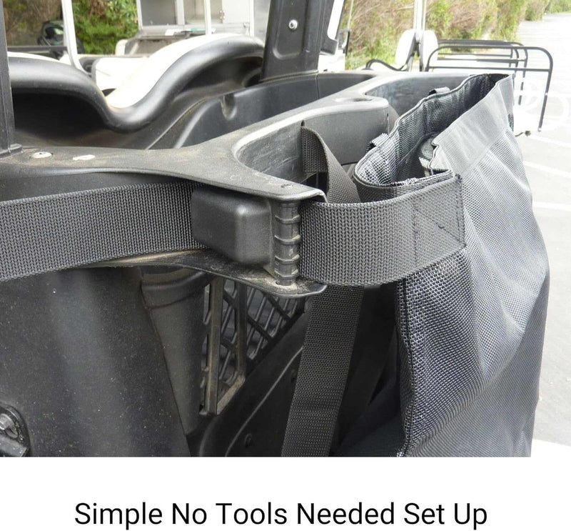 The Golf Cart Mesh Utility Grocery Bag Attachment by Formosa Covers is a black bag crafted from durable fabric that can be easily attached to the back of a golf cart or similar vehicle using its strap and buckle system. The setup is tool-free, as highlighted by the phrase, "Simple No Tools Needed Set Up.