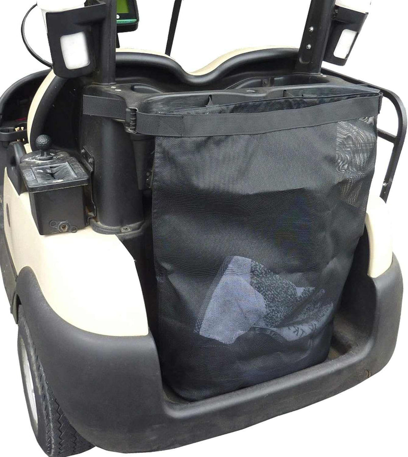 A golf cart showcases a spacious black mesh utility grocery bag attachment from Formosa Covers, designed with Textilene fabric and universally fit for convenience. The basket looks unoccupied, allowing glimpses of the cart's seats and wheels. This accessory-equipped cart is positioned on a light-colored surface.