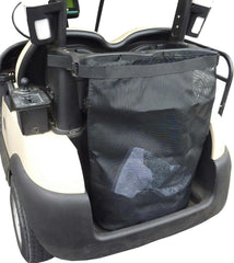 A golf cart showcases a spacious black mesh utility grocery bag attachment from Formosa Covers, designed with Textilene fabric and universally fit for convenience. The basket looks unoccupied, allowing glimpses of the cart's seats and wheels. This accessory-equipped cart is positioned on a light-colored surface.