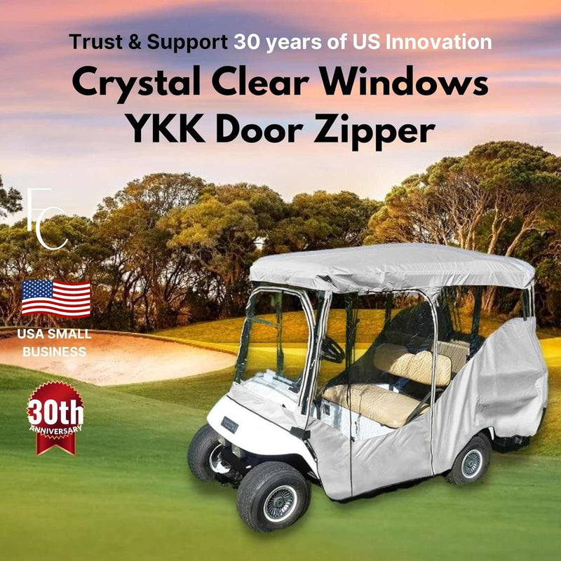 A 4 Passenger Golf Cart Driving Enclosure Cover by Formosa Covers is parked on the grass, showcasing its clear windows and YKK door zipper. Text emphasizes "30 years of US Innovation" and "USA Small Business," set against a backdrop of trees and a sunset sky. A "30th Anniversary" badge marks this milestone in innovation for the driving enclosure.