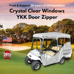 A 4 Passenger Golf Cart Driving Enclosure Cover by Formosa Covers is parked on the grass, showcasing its clear windows and YKK door zipper. Text emphasizes 