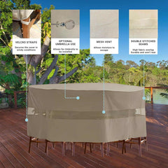 On a wooden deck, a high bar dining table is protected by the Formosa Covers Patio Bar Height Dining Set Cover, measuring 98