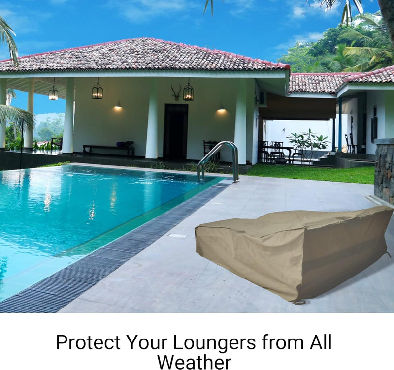 A Patio Double Chaise Lounge covered by the pool near a modern house with a red-tiled roof sits beneath lush greenery. The text reads, "Protect Your Loungers from All Weather with our Formosa Covers weatherproof cover, designed specifically for your Patio Double Chaise Lounge.