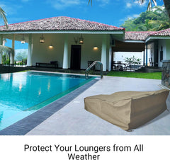 A Patio Double Chaise Lounge covered by the pool near a modern house with a red-tiled roof sits beneath lush greenery. The text reads, 