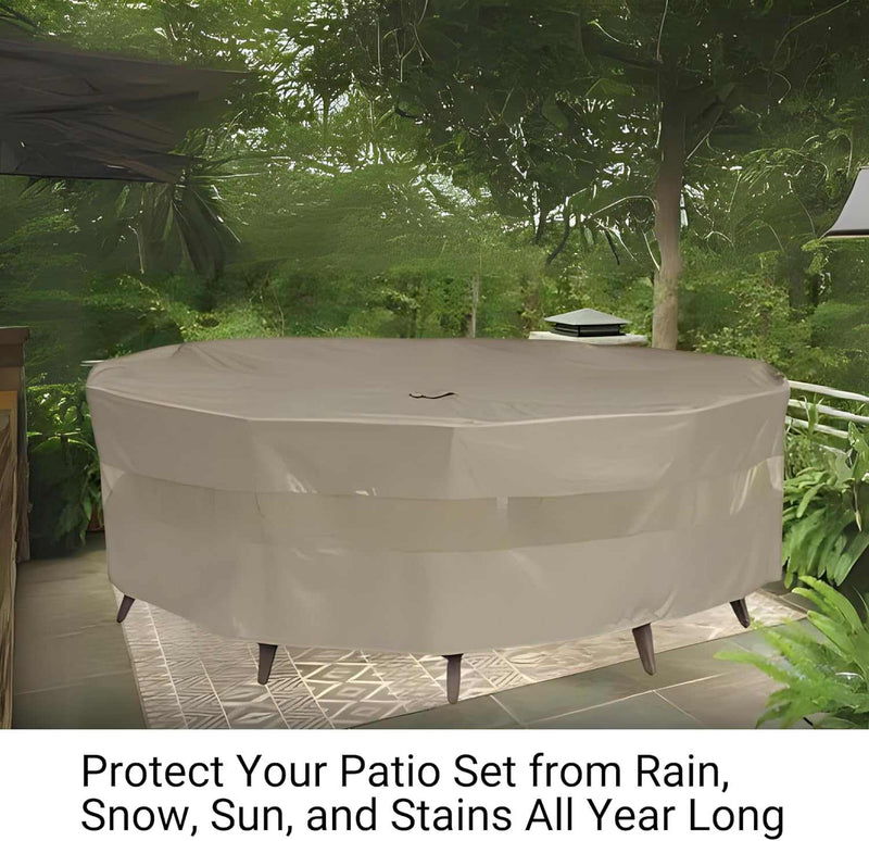 A covered patio set, sheltered by the Formosa Covers' Classic Taupe Patio Set Cover for Square or Round Tables (70" Diameter x 30" Height), sits on a wooden deck enveloped in lush greenery. A coffee cup rests on the table. Text reads, "Guard Your Patio Set Against Rain, Snow, Sun, and Stains Throughout the Year.