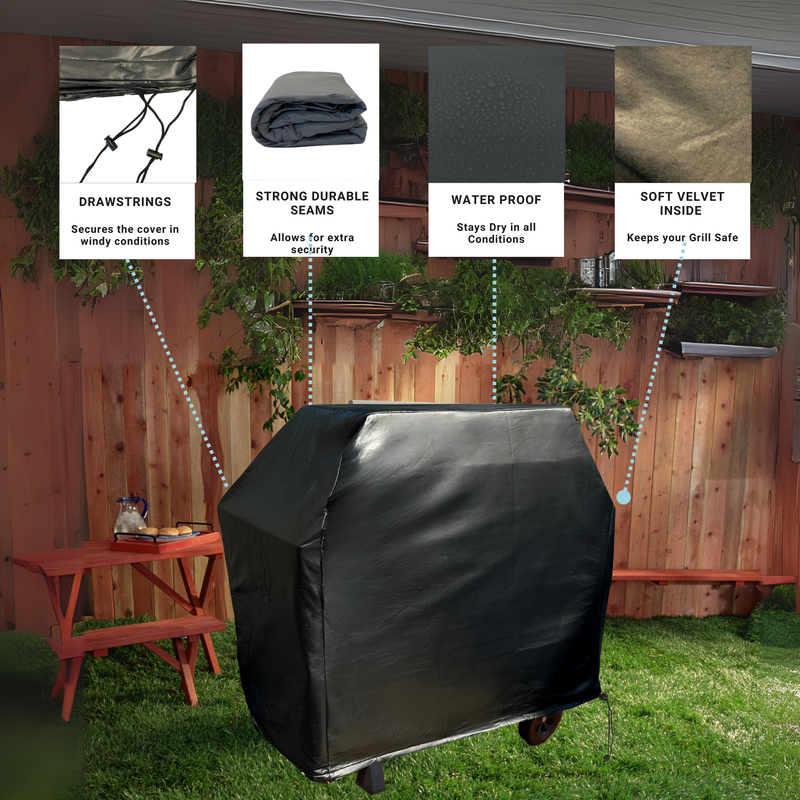 A Formosa Covers BBQ Outdoor Grill Cover 67"L x 26"D x 48"H in black vinyl is showcased in a backyard setting. Labels highlight its features: drawstrings for secure fastening, strong durable seams for added security, waterproof vinyl to keep it dry, and a soft velvet interior to protect the grill. A wooden fence and bench can be seen in the background.