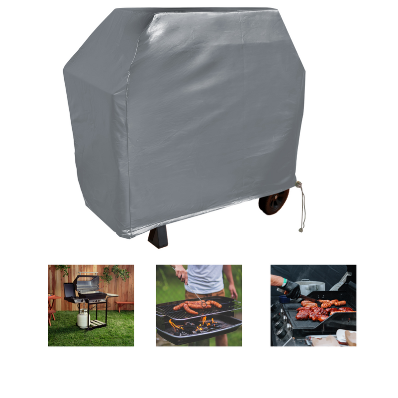 A large Formosa Covers BBQ Outdoor Grill Cover 84"L x 26"D x 48"H in Grey Vinyl is featured prominently, showcasing its heavy-duty design. Below it, three smaller images illustrate various grilling scenes: the first depicts an uncovered grill equipped with a propane tank, the second captures a person grilling sausages, and the third shows someone cooking marinated ribs on the grill.