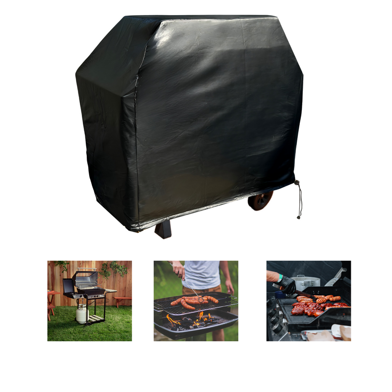 A covered black grill on top with three small images below: one shows a BBQ Outdoor Grill Cover 84"L x 26"D x 48"H Black Vinyl by Formosa Covers protecting an outdoor propane gas grill near a wooden fence, the second shows a person grilling sausages on a charcoal grill, and the third shows barbecued ribs being cooked on a grill. The waterproof vinyl BBQ Outdoor Grill Cover ensures all-weather protection.