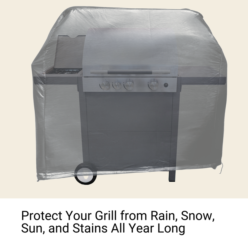 A Formosa Covers BBQ Outdoor Grill Cover 67"L x 26"D x 48"H in Grey Vinyl stands outdoors, fully shielding the barbecue grill with its heavy-duty, weather-resistant material. The text below reads, "Protect Your Grill from Rain, Snow, Sun, and Stains All Year Long with All Weather Protection.