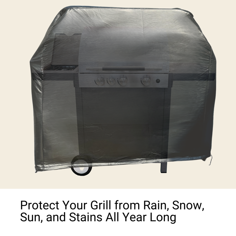 Shown in the image is a covered outdoor grill, protected by the Formosa Covers BBQ Outdoor Grill Cover 67"L x 26"D x 48"H Black Vinyl, which is designed to shield it from rain, snow, sun, and stains all year long. The text below the image reads, "Protect Your Grill with All-Weather Protection from Rain, Snow, Sun, and Stains All Year Long.