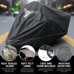 Black XXL motorcycle cover with night reflector and eagle emblem, featuring heat sealed seams, soft lining, lock and chain included, weather resistant design.