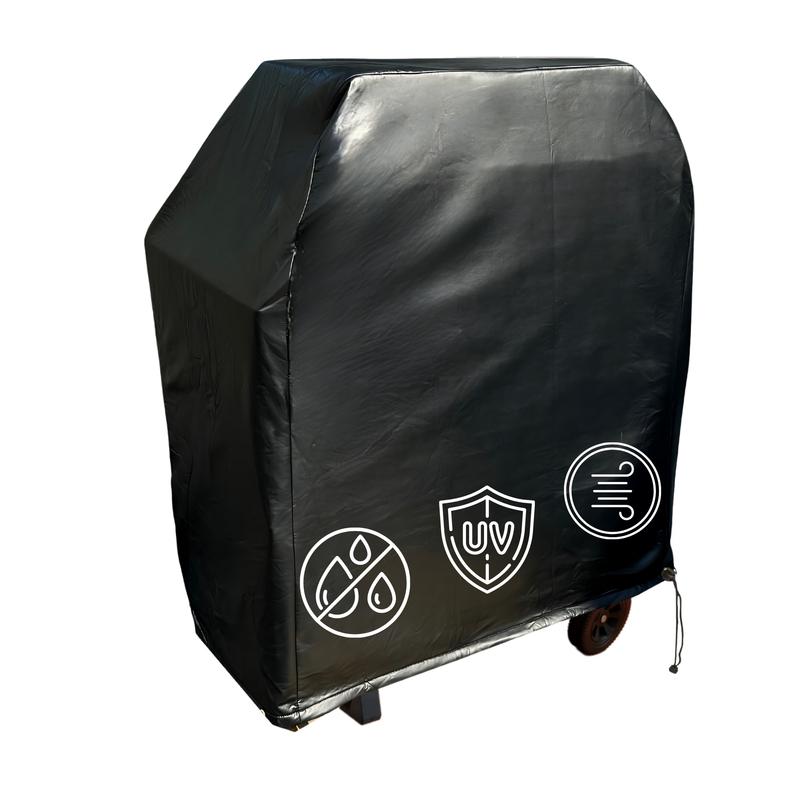 The Formosa Covers BBQ Outdoor Grill Cover, measuring 48"L x 24"D x 40"H, is a large black vinyl cover featuring three white icons at the bottom: a water droplet symbolizing water resistance, a shield marked with "UV" for UV protection, and wavy lines indicating wind resistance. This heavy-duty cover can be tied at the bottom and offers all-weather protection for grills with wheels.