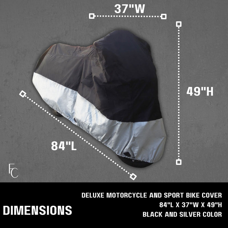 A black and silver Light Weight Motorcycle Cover (XL) with Cable & Lock, from Formosa Covers, is shown with dimensions marked: 84 inches long, 37 inches wide, and 49 inches high. The WeatherWarrior fabric offers top-notch sport bike protection. The dimensions are displayed on a dark background with text: "Light Weight Motorcycle Cover (XL).