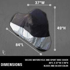 A black and silver Light Weight Motorcycle Cover (XL) with Cable & Lock, from Formosa Covers, is shown with dimensions marked: 84 inches long, 37 inches wide, and 49 inches high. The WeatherWarrior fabric offers top-notch sport bike protection. The dimensions are displayed on a dark background with text: 