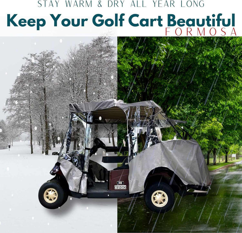 Displayed is the 2+2 Passenger Golf Cart Driving Enclosure Cover (4 Passenger Short Roof 58") by Formosa Covers, featuring a YKK door zipper. The split background shows snow on one side and lush green trees on the other, highlighting its year-round effectiveness. The text reads: "Stay warm & dry all year long. Keep your golf cart beautiful.