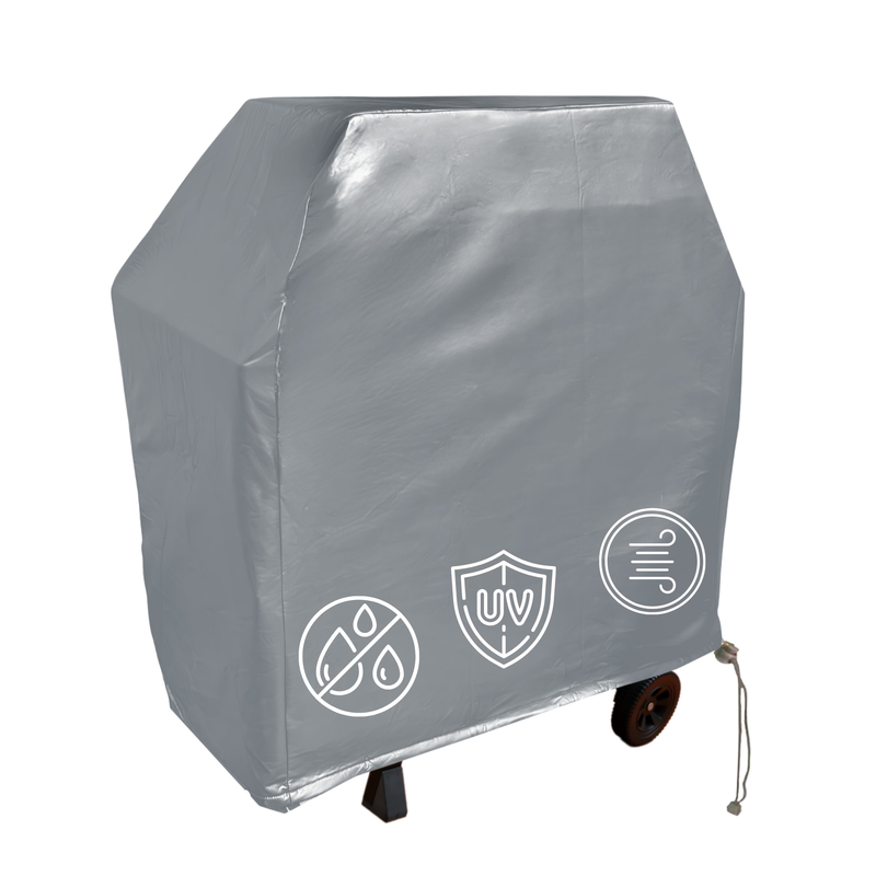 A BBQ Outdoor Grill Cover from Formosa Covers, measuring 48"L x 24"D x 40"H, is made from grey vinyl and features symbols indicating water resistance, UV protection, and wind resistance. This heavy-duty cover is primarily grey and fits snugly over the grill while leaving part of the grill's legs and wheels visible at the bottom, ensuring all-weather protection.