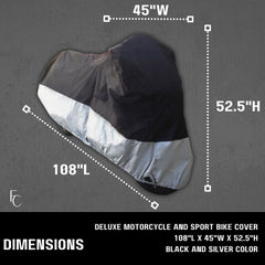 A black and silver Formosa Covers Deluxe Motorcycle Cover, designed for all seasons and lightweight, is displayed with dimensions of 108 inches in length, 45 inches in width, and 52.5 inches in height. Text at the bottom reads 