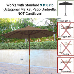 Image showing a 9ft Market Patio Umbrella 8 Rib Replacement Canopy in Carmel Latte by Formosa Covers in a garden. Text indicates it fits this type, not cantilever. Examples of non-compatible umbrellas like support-bar, hanging, and square-rect are crossed out in red on the right. The durable polyester fabric canopy is UV-treated for added protection.