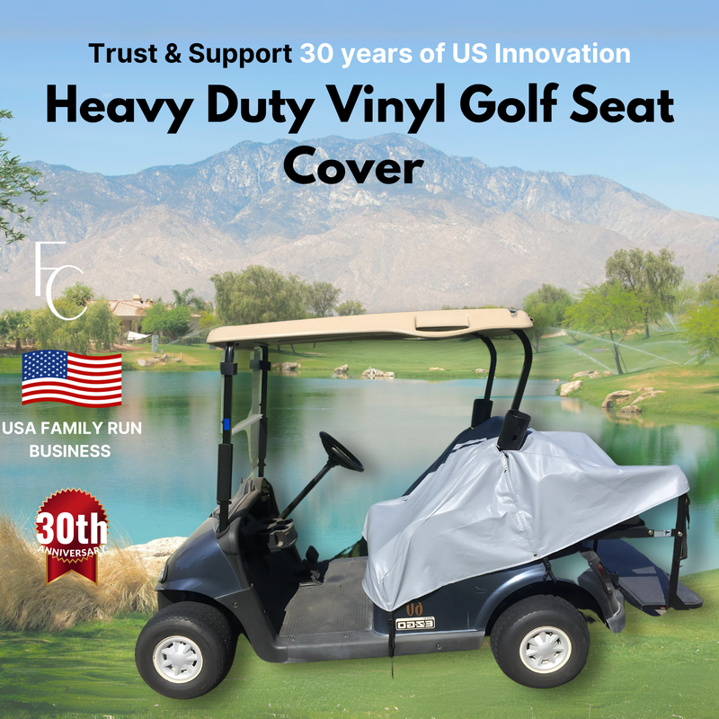 A golf cart equipped with a Vinyl Golf Cart Seat Cover from Formosa Covers sits by a lake on the course, surrounded by stunning mountains. Accompanying text celebrates "30 years of US Innovation," highlights "USA Family Run Business," and features a flag icon to mark the "30th Anniversary," emphasizing the brand's durability and heritage.