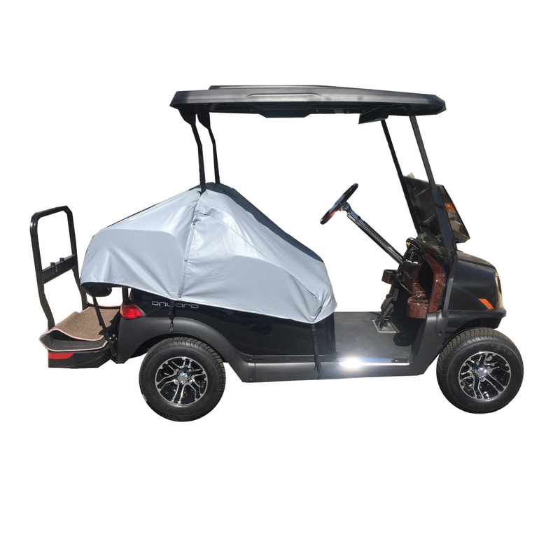 This sleek black golf cart is equipped with a Formosa Covers Vinyl Golf Cart Seat Cover in a weather-resistant gray, enhancing its look and functionality. It features a sturdy roof, modern wheels, and a compact design, complete with a rear step for convenient access. The plain white background accentuates the cart's stylish features.