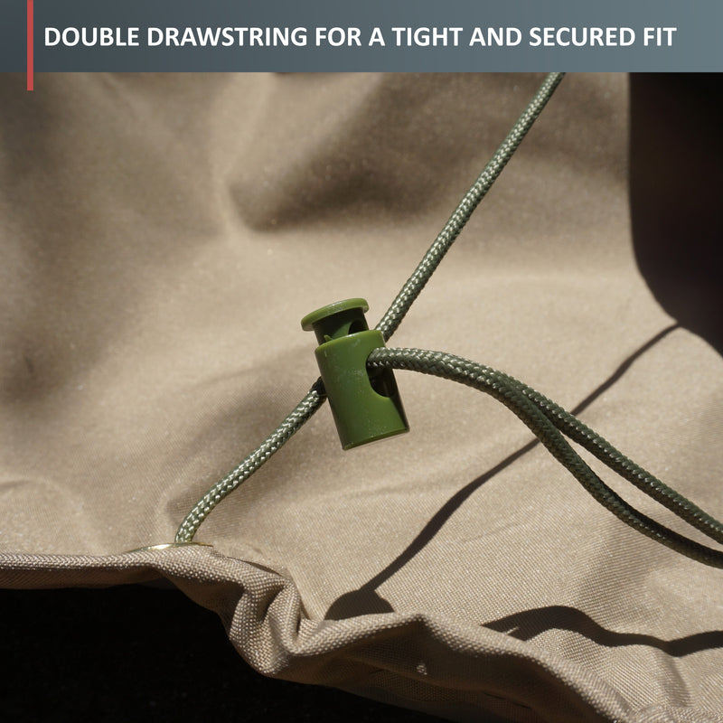 Close-up of a green drawstring threaded through a double drawstring mechanism, affixed to taupe premium fabric. The background partially reveals a blurred taupe surface. Text at the top reads, "DOUBLE DRAWSTRING FOR A TIGHT AND SECURED FIT." Ideal for Formosa Covers BBQ Outdoor Grill Cover 48"L x 24"D x 40"H with all-weather protection.