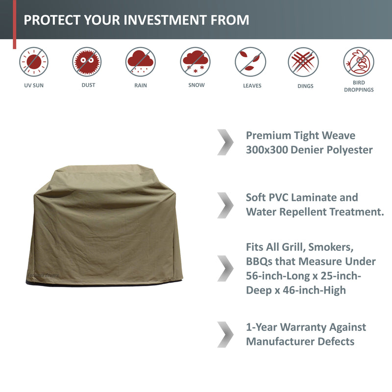 Promotional image for the Formosa Covers BBQ Outdoor Grill Cover. Text on the left lists protection from UV sun, dust, rain, snow, leaves, dings, and bird droppings. Product specs to the right: premium taupe polyester fabric with all-weather protection, water-repellent, fits grills under 56"L x 25"D x 46"H dimensions and includes a 1-year warranty. Image of a covered grill centrally placed.