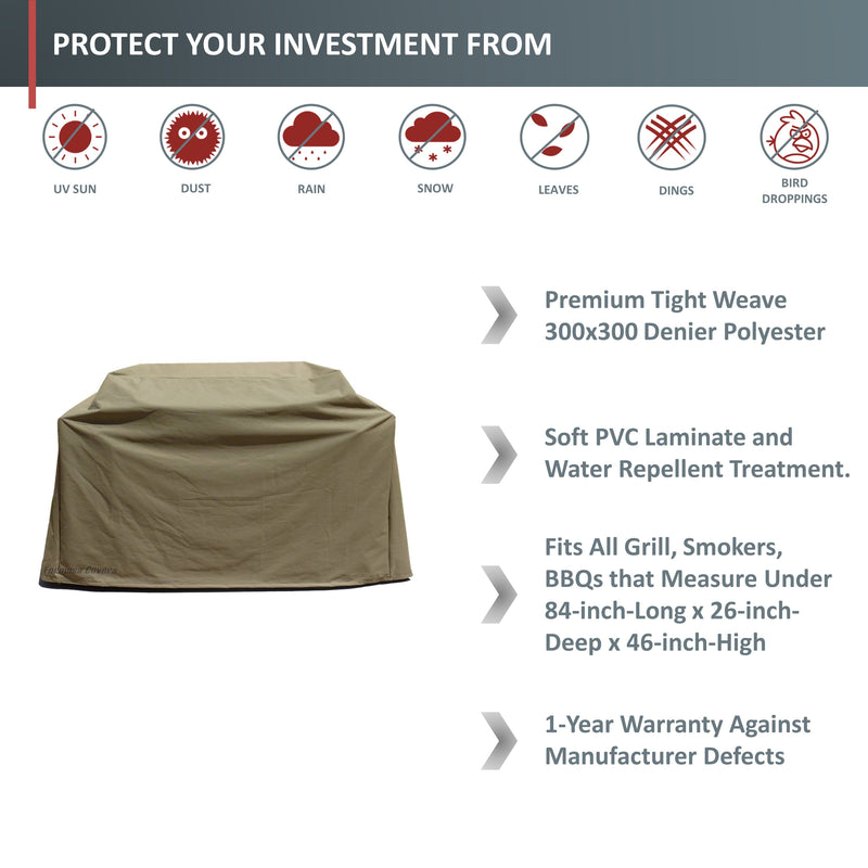 Image showing the Formosa Covers BBQ Outdoor Grill Cover (84"L x 26"D x 48"H, Taupe) with features: all-weather protection from UV sun, dust, rain, snow, leaves, dings, and bird droppings; crafted from premium 300x300 denier polyester with soft PVC laminate and water repellent treatment; fits grills up to 84"x26"x46"; high heat-resistance and includes a 1-year warranty.