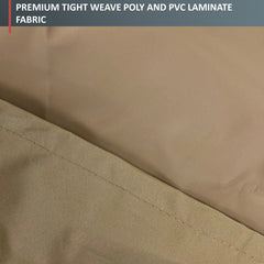 Close-up image of two pieces of tan fabric with visible stitching, described as 