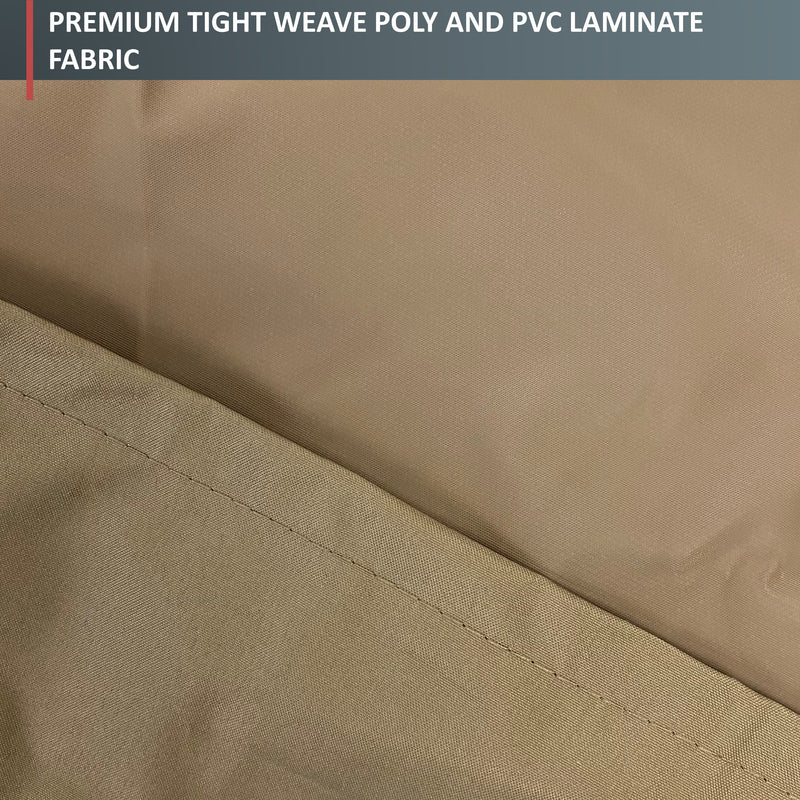 Close-up of two layers of taupe fabric creating a diagonal line, with text at the top reading "Premium Tight Weave Poly and PVC Laminate Fabric." Formosa Covers' BBQ Outdoor Grill Cover 84"L x 26"D x 48"H demonstrates slightly different shades and textures, suggesting all-weather protection and high heat-resistance. Perfect for a BBQ cover.