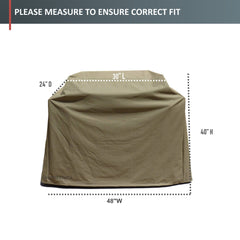 Illustration of the Formosa Covers BBQ Outdoor Grill Cover, taupe color, with dimensions marked. The all-weather protection cover measures 48 inches in length, 24 inches in depth, and 40 inches in height. Text at the top advises to measure for correct fit.