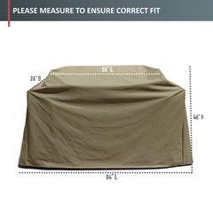 A taupe BBQ cover from Formosa Covers with dimensions: 84 inches in length (L), 26 inches in depth (D), and 48 inches in height (H). It features high heat resistance and all-weather protection. The product description advises, 