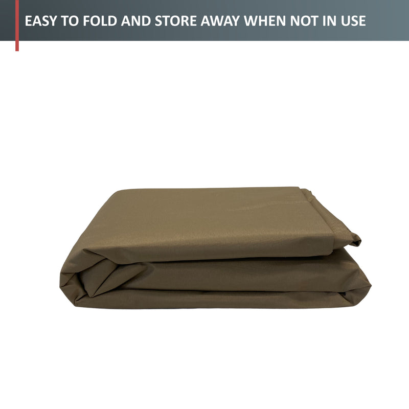 A folded taupe BBQ Outdoor Grill Cover from Formosa Covers lies neatly on a white background. The top section of the image contains text that reads, "EASY TO FOLD AND STORE AWAY WHEN NOT IN USE.