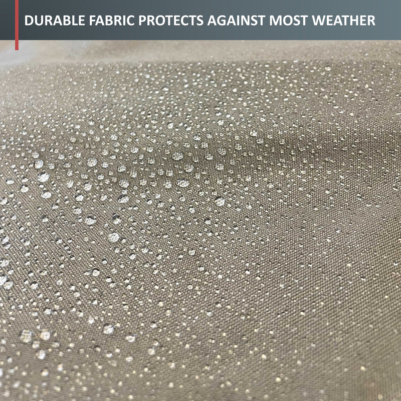 Close-up image of taupe water-resistant fabric with water droplets beading up on the surface, illustrating its protective properties. A text overlay at the top reads, "Durable fabric protects against most weather," showcasing its all-weather protection perfect for the BBQ Outdoor Grill Cover 84"L x 26"D x 48"H by Formosa Covers.