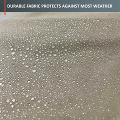 Close-up of water droplets beading on a textured, premium fabric surface. The taupe fabric is shown in detail to highlight its all-weather protection. A banner at the top reads, 