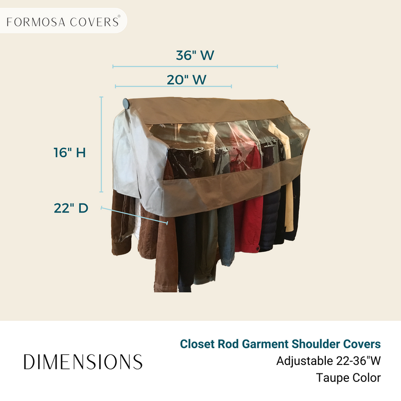 The Formosa Covers Closet Rod and Portable Clothing Rack Shoulder Garment Dust Cover, adjustable to fit from 20" to 36" in length, is displayed. This taupe luxury cover drapes over multiple garments hung on a closet rod and features dimensions of 36" W, 20" W (top), 16" H, and 22" D with a transparent front section. Made of breathable woven polypropylene fabric.