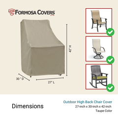 The Formosa Covers Patio High Back Dining Chair Cover in Classic Taupe measures 27 inches wide by 42 inches high and is water-resistant and UV-treated. This versatile cover, suitable for various chair styles, is depicted in three images to the right, each style marked with a green checkmark.