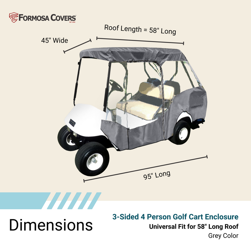 4 Passenger Short Roof 58"L 3 Sides Golf Cart Driving Enclosure Cover Open Front Grey