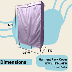 Introducing the Portable Garment Rack Cover by Formosa Covers: a lilac purple, polyester fabric cover measuring 36 inches in width, 18 inches in depth, and 68 inches in height. Designed to protect clothing while standing upright with clearly labeled dimensions. The background features a simplified blue line art drawing.